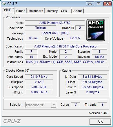  AMD Phenom X3 8750, штатная частота 