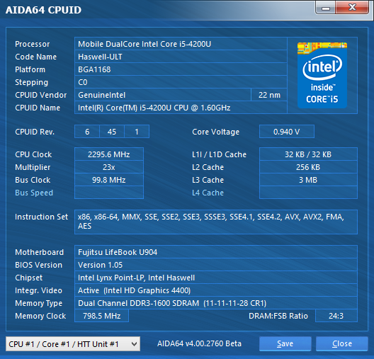  Fujitsu LifeBook U904: CPU information 